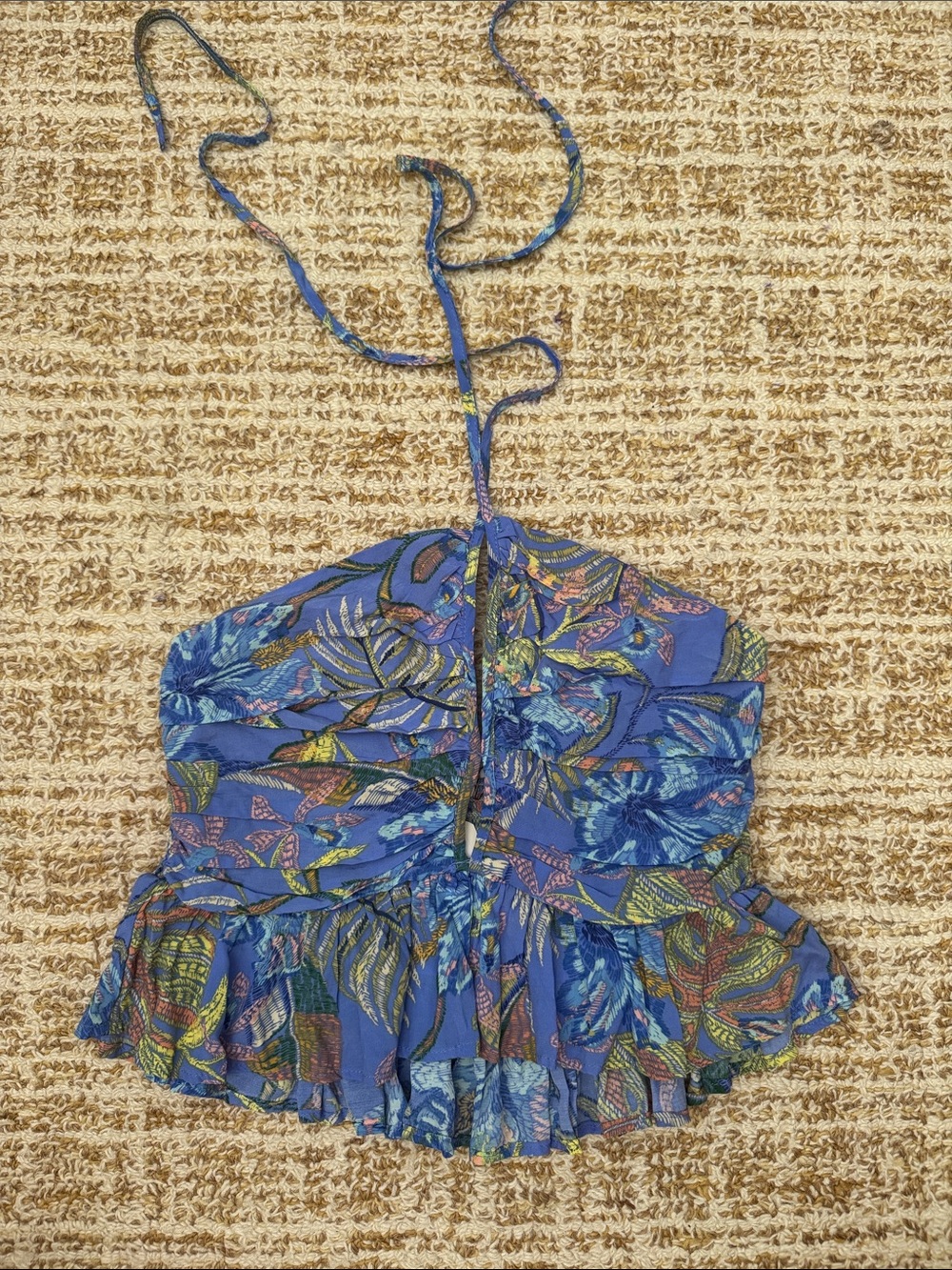 Olivaceous Blue Floral Smocked Halter Top